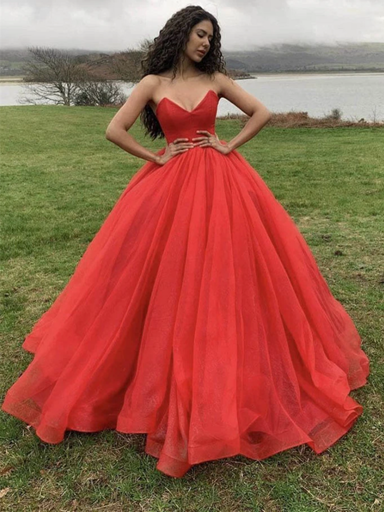 Strapless Red Tulle Long  Prom Dresses, Long Red Tulle Ball Gown, Strapless Red Tulle Long Formal Evening Dresses