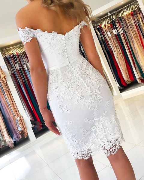 Off Shoulder Short Mermaid White Lace Prom Dresses, Off The Shoulder Short White Lace Graduation Formal Homecoming Dresses