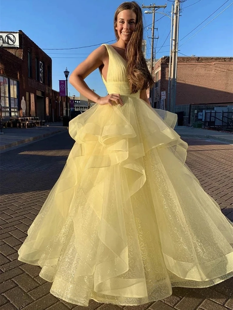 V Neck Sequins Yellow Long Prom Dresses, V Neck Sequins Yellow Formal morievent V Neck Sequins Yellow Long Prom Dresses, V Neck Sequins Yellow Formal morievent