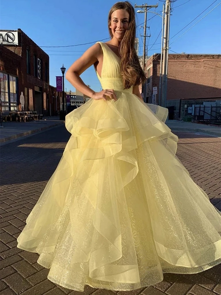 V Neck Sequins Yellow Long Prom Dresses, V Neck Sequins Yellow Formal Evening Dresses, Sparkly Ball Gown