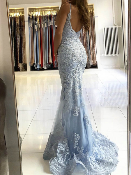 V Neck Blue Lace Mermaid Long Prom Dresses, Mermaid Blue Lace Formal Evening Dresses