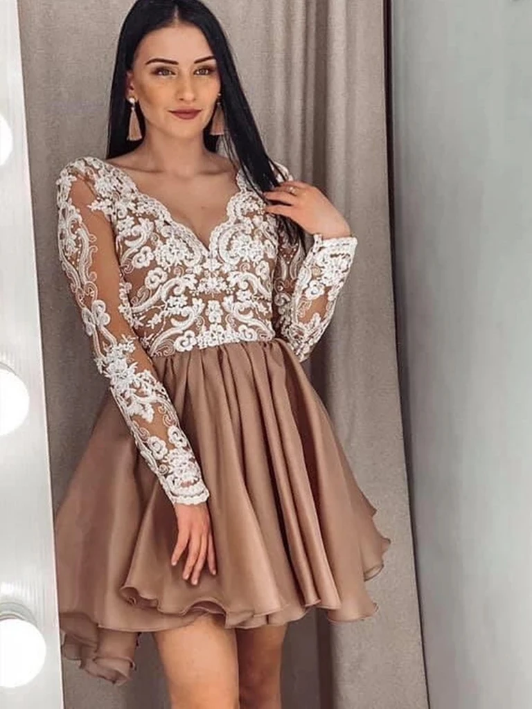 V Neck Short Champagne Lace Long Sleeves Prom Dresses, Short Champagne morievent V Neck Short Champagne Lace Long Sleeves Prom Dresses, Short Champagne morievent