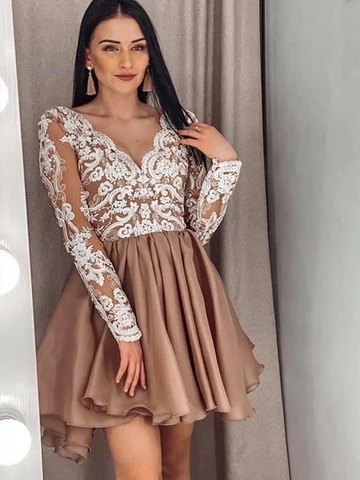 V Neck Short Champagne Lace Long Sleeves Prom Dresses, Short Champagne Lace Formal Graduation Homecoming Dresses