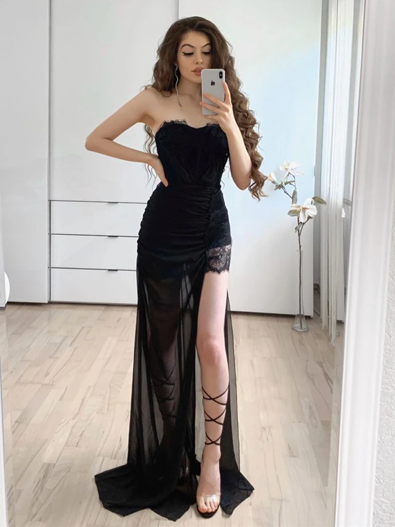 Mermaid Strapless Black Lace Prom Dresses, Black Lace Formal Evening Bridesmaid Dresses