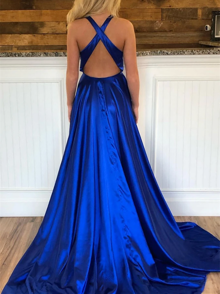Simple V Neck Royal Blue Criss-Cross Back Satin Long Prom Dresses With Leg Slit, Royal Blue Formal Evening Dresses Simple V Neck Royal Blue Criss-Cross Back Satin Long Prom Dresses With Leg Slit, Royal Blue Formal Evening Dresses