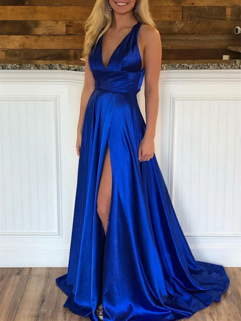 Simple V Neck Royal Blue Criss-Cross Back Satin Long Prom Dresses With morievent Simple V Neck Royal Blue Criss-Cross Back Satin Long Prom Dresses With morievent