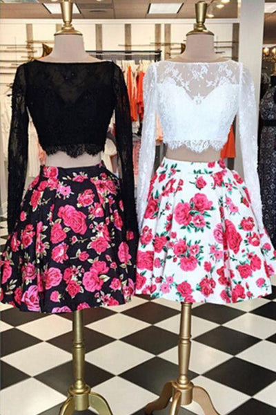Charming 2 Pieces Long Sleeves Floral Prom Dresses, Homecoming Dresses, Formal Dresses