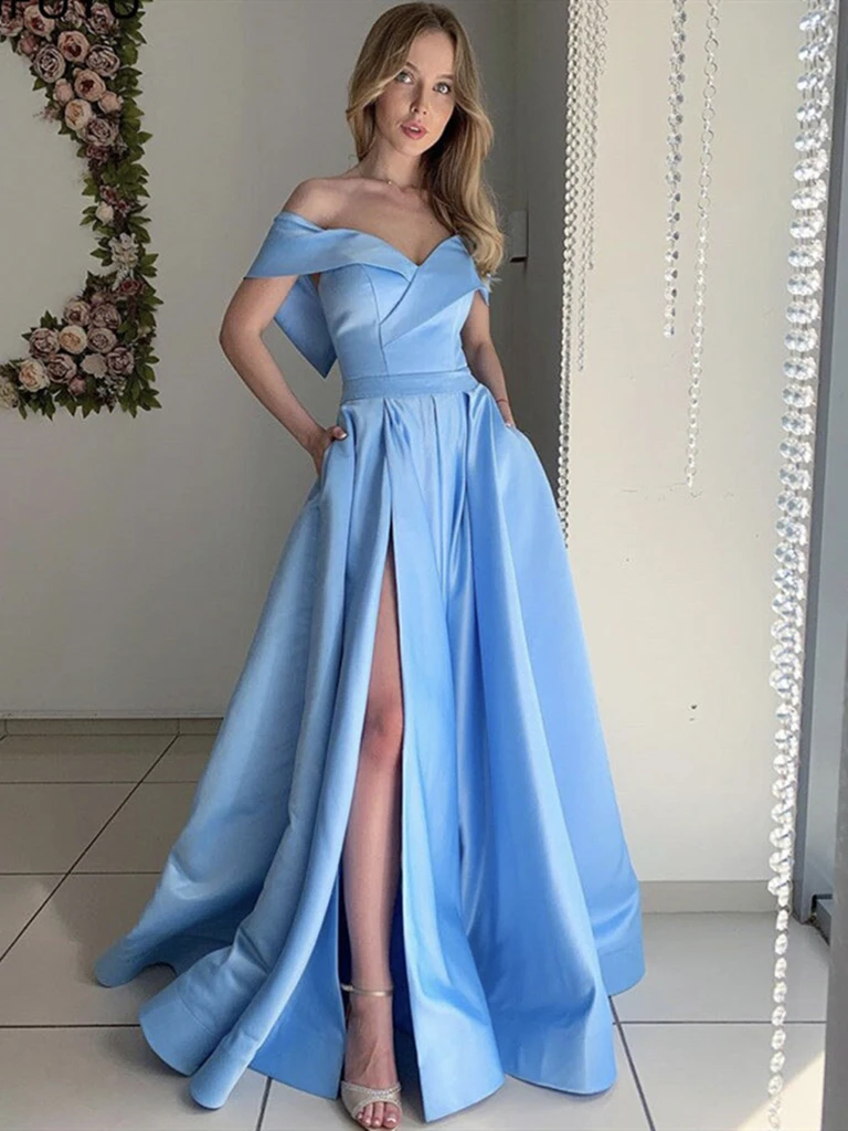 Off the Shoulder Blue Satin Long Prom Dresses With Leg Slit, Off Shoulder Blue Long Formal Evening Graduation Dresses