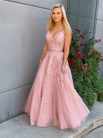 V Neck 2 Pieces Pink Lace Prom Dresses, Two Pieces Pink Lace Formal Evening Dresses