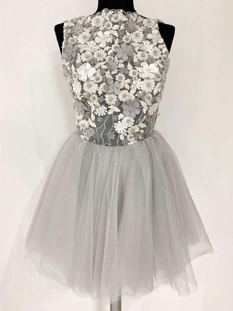 Gray Tulle Lace Short Prom Dress, Gray Tulle Lace Short Homecoming Dress