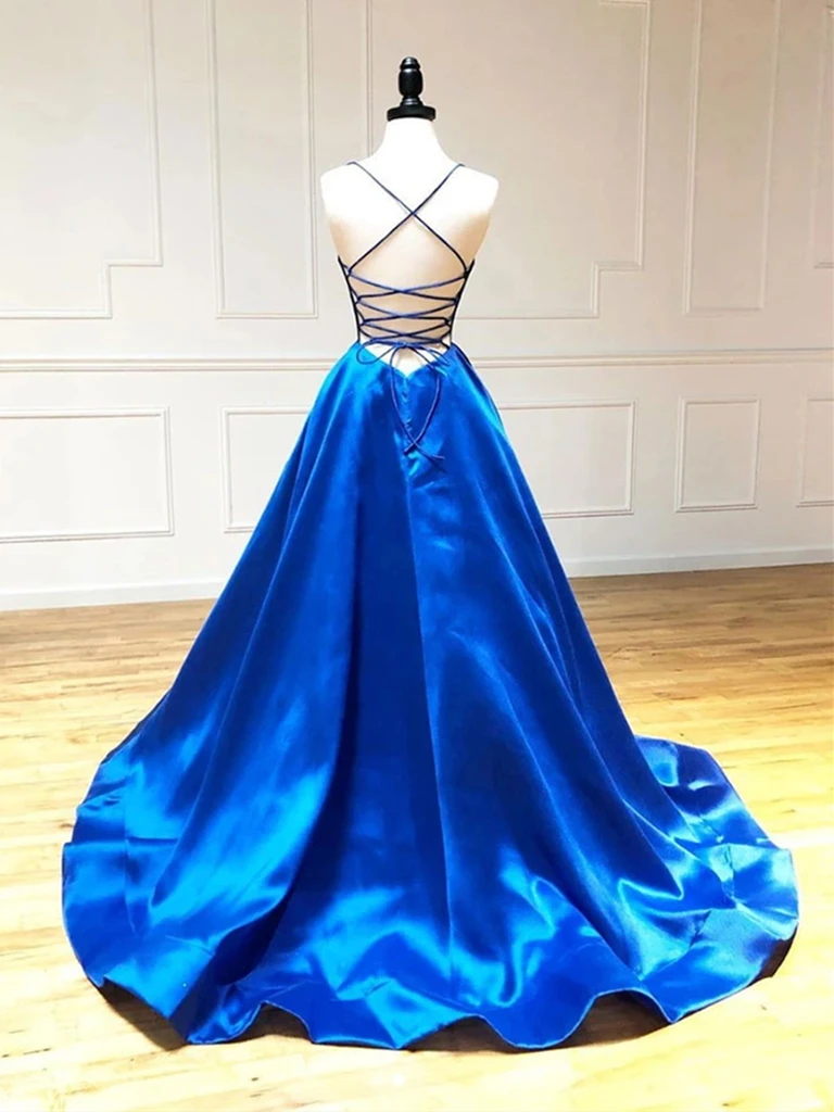 royal blue prom dress open back Royal Blue A-line Strap V Neck Open Back Tulle Formal Prom Dress, Lace
