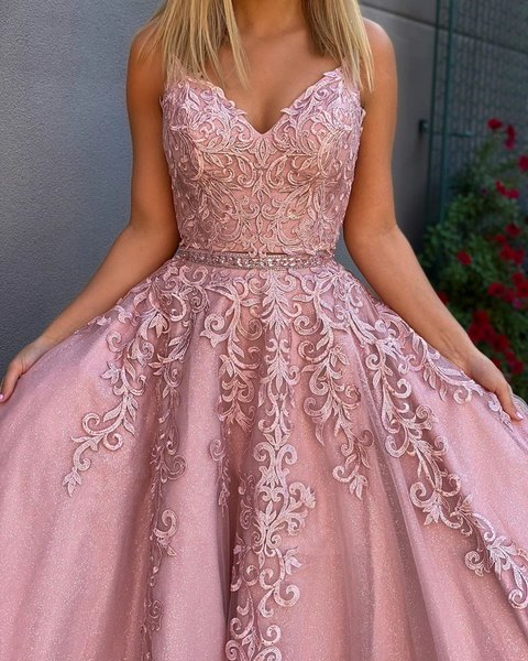 V Neck 2 Pieces Pink Lace Prom Dresses, Two Pieces Pink Lace Formal Evening Dresses