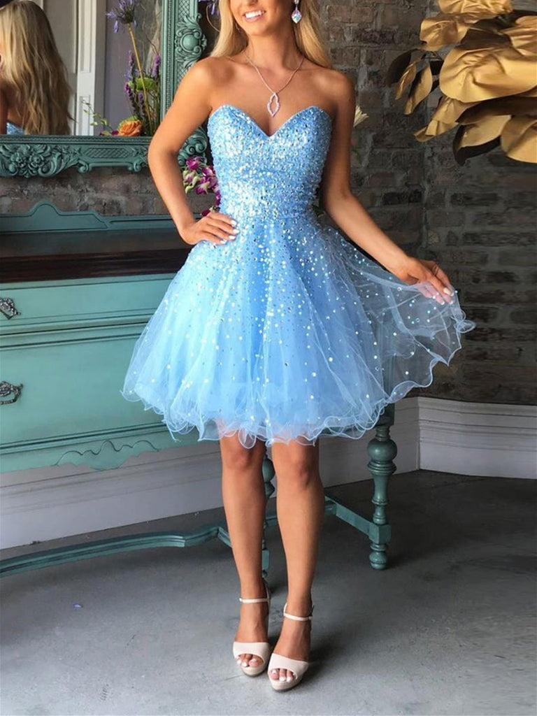 Blue Sweetheart Tulle Sequin Short Prom Dress, Blue Sweetheart Tulle Sequin Short Homecoming Dress