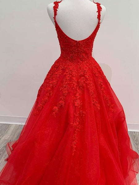 Red Tulle Lace Long Prom Dresses, Red Lace Long Formal Evening Dresses