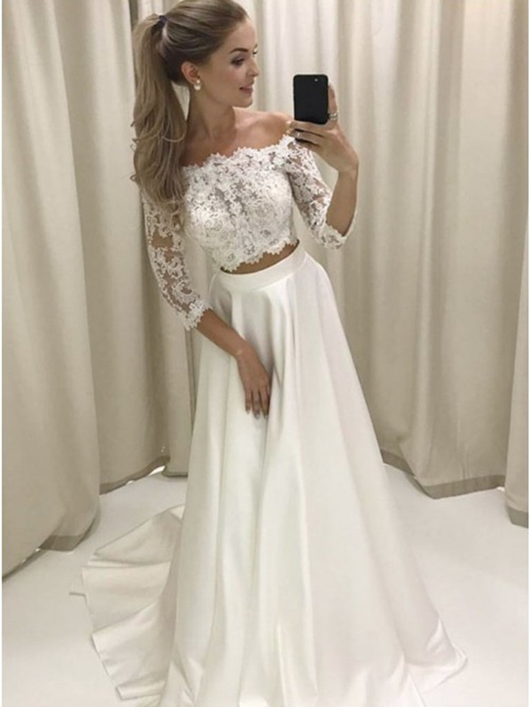A Line White Lace 3/4 Sleeves Two Pieces  Wedding Dresses ,  White Lace 3/4 Sleeves Two Pieces Prom Dresses