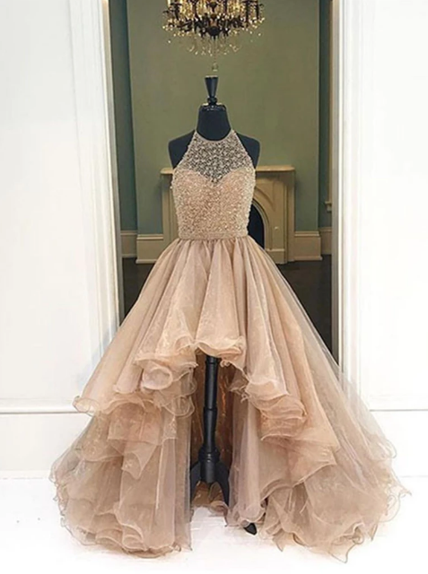 Champagne Round Neck High Low  Prom Dresses, High Low Champagne Formal Evening Dresses
