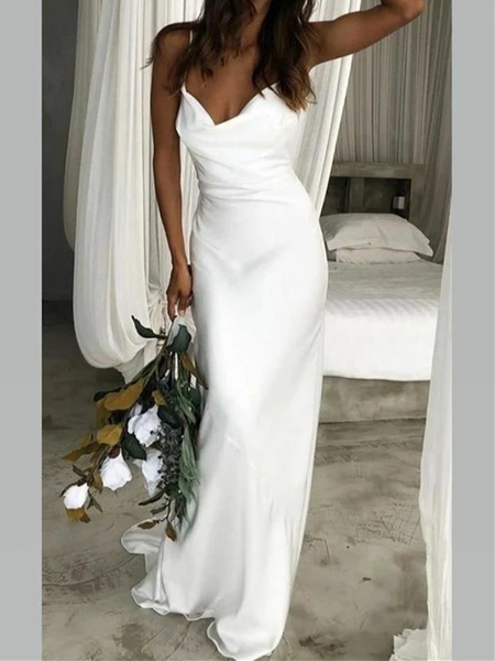 Sheath/Column Simple Scoop Neck Mermaid White Popular Beach Wedding Dresses, Spaghetti Straps Mermaid Bridal Dresses