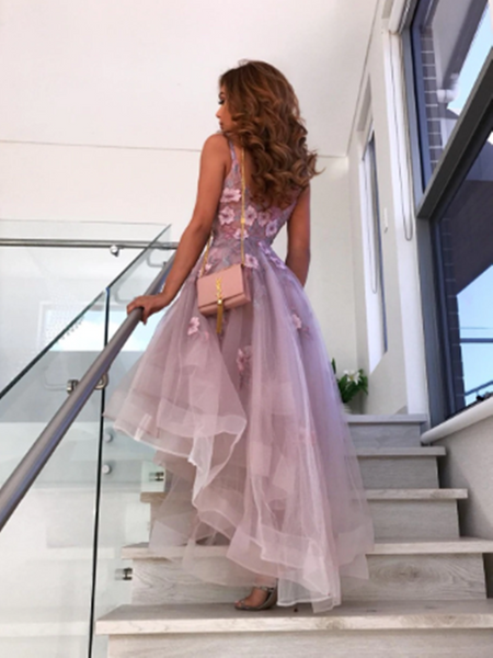 V Neck Lavender 3 D Flower High Low Tulle Long Evening Dresses, Purple 3 D Flower Long Prom Dresses