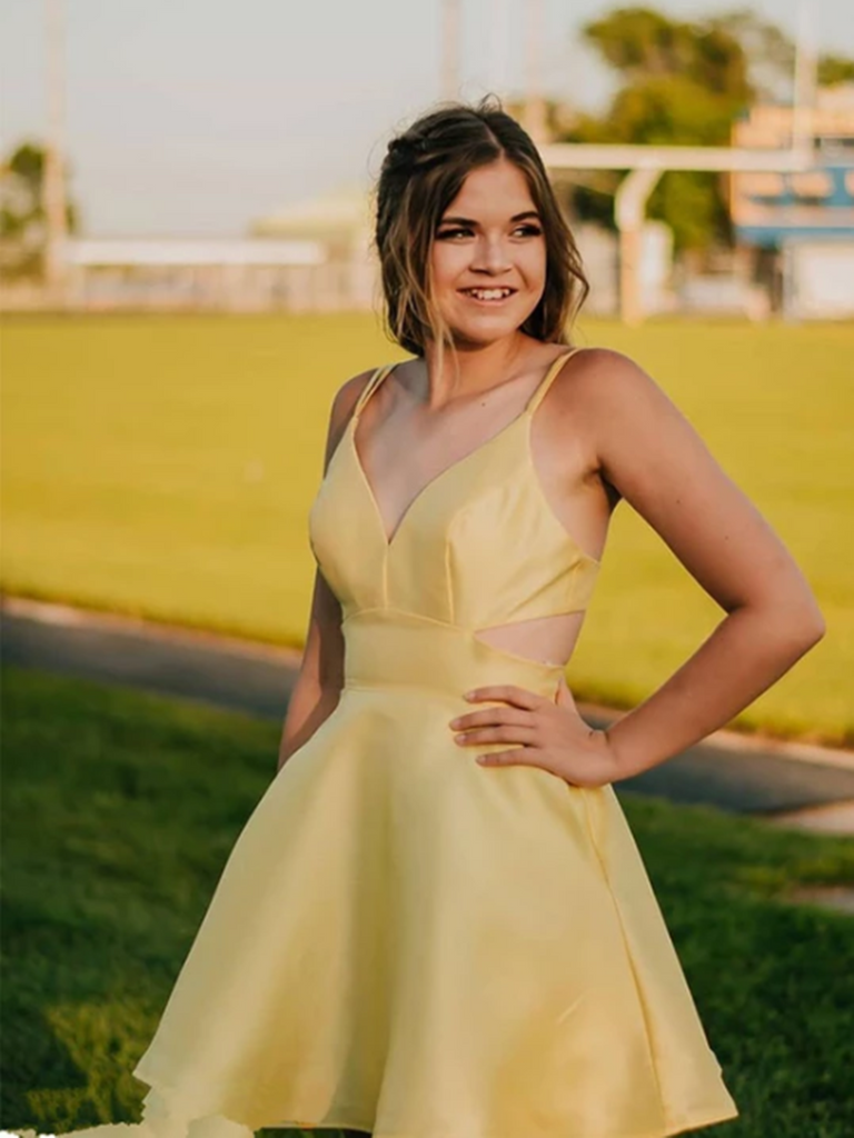 A Line V Neck Yellow Backless Short Prom Dresses, V Neck Yellow Backle morievent A Line V Neck Yellow Backless Short Prom Dresses, V Neck Yellow Backle morievent