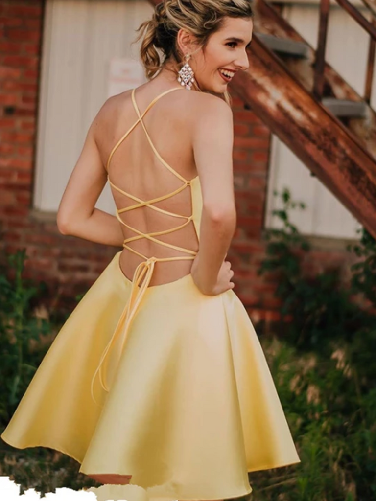 A Line V Neck Yellow Backless Short Prom Dresses, V Neck Yellow Backle morievent A Line V Neck Yellow Backless Short Prom Dresses, V Neck Yellow Backle morievent