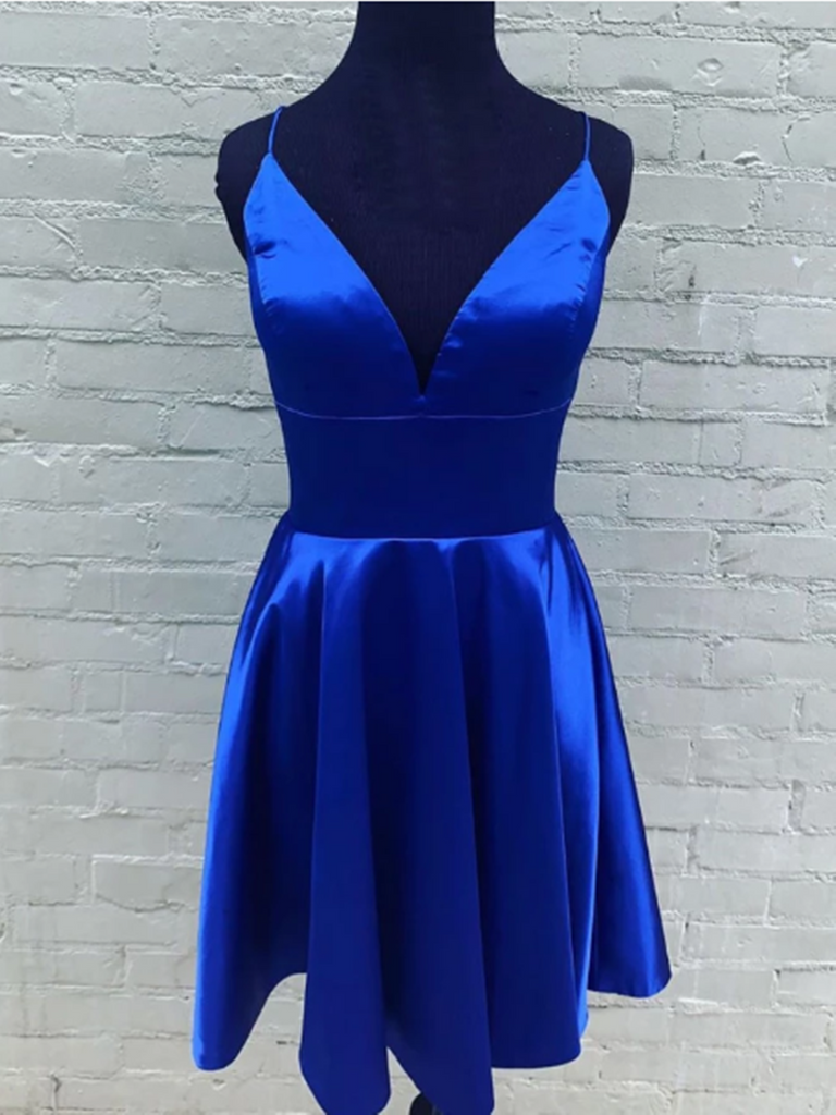 A Line V Neck Blue Short Prom Dresses, V Neck Blue Short Formal Evening Homecoming Dresses