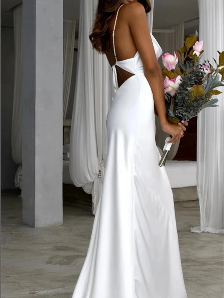 Sheath/Column Simple Scoop Neck Mermaid White Popular Beach Wedding Dresses, Spaghetti Straps Mermaid Bridal Dresses