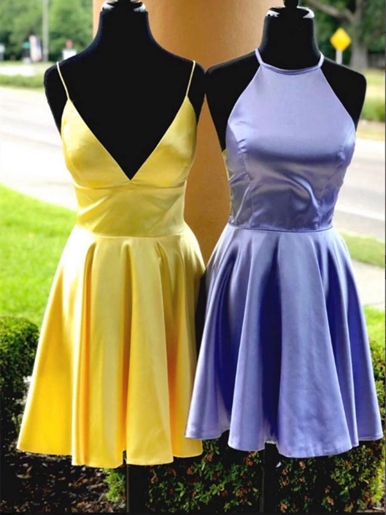 Simple Satin Short Yellow/Purple Prom Dresses, Short Yellow/Purple Short Evening Homecoming Dresses