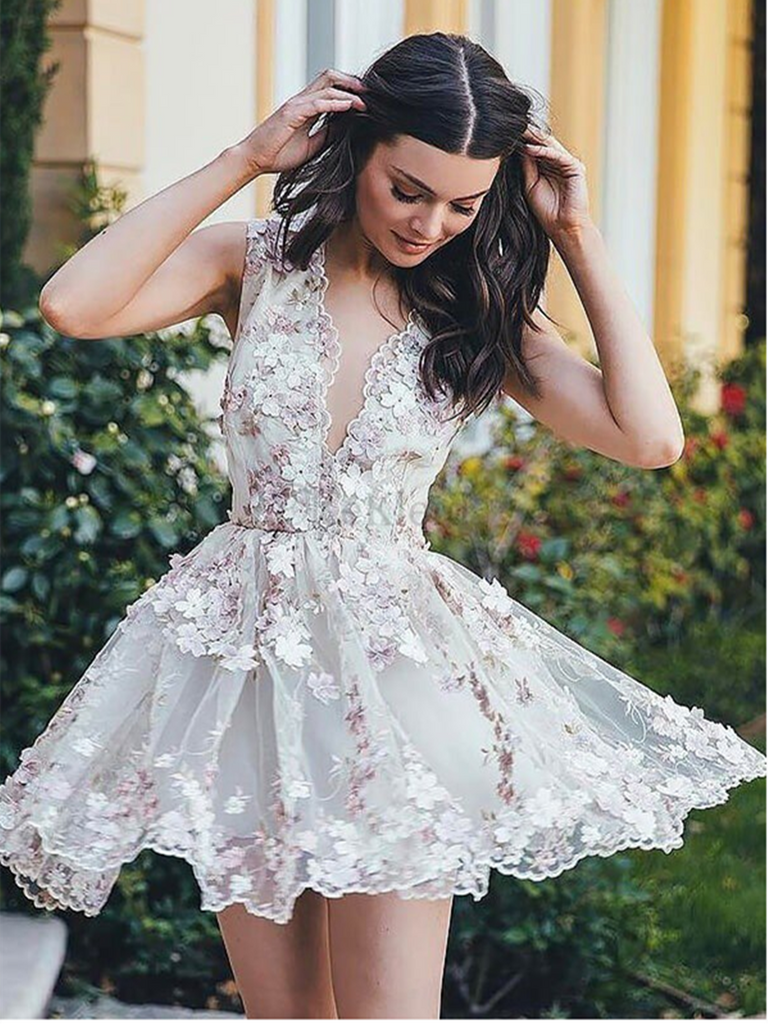 A-Line Homecoming Dress, Short Mini Prom Dresses  for Teens, Short Appliques Mini Homecoming Dress