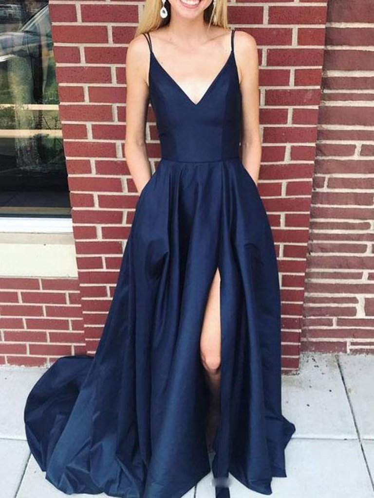 A Line V Neck Long Navy Blue Spaghetti Straps Prom Dresses, Navy Blue morievent A Line V Neck Long Navy Blue Spaghetti Straps Prom Dresses, Navy Blue morievent