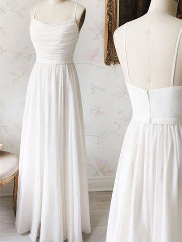 A Line Backless White Prom Gown, Open Back White Formal Evening Dresses