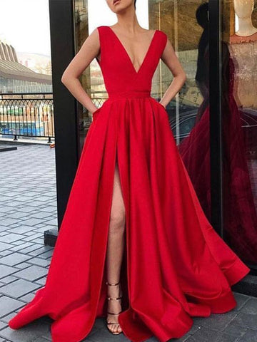 A Line V Neck Red High Slit Prom Dresses, V Neck Red Formal Dresses, Red High Slit Graduation Evening Dresses