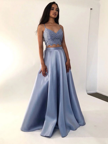 V Neck Blue Two Pieces Long Prom Dresses, 2 Pieces Lace Evening Dresses