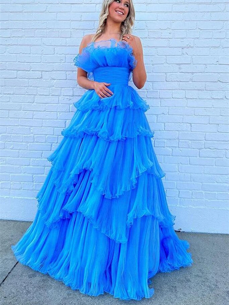 Strapless Layered Blue Long Prom Dresses, Open Back Blue Formal Evening Dresses, Blue Ball Gown