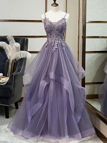 V Neck Purple Tulle Lace Long Prom Dresses, Purple Tulle Lace Long Evening Dresses