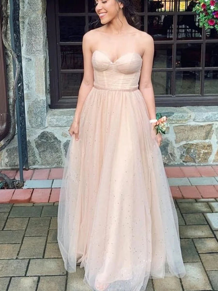 Strapless Sweetheart Neck Champagne Tulle Long Prom Dresses, Long Champagne Formal Graduation Evening Dresses