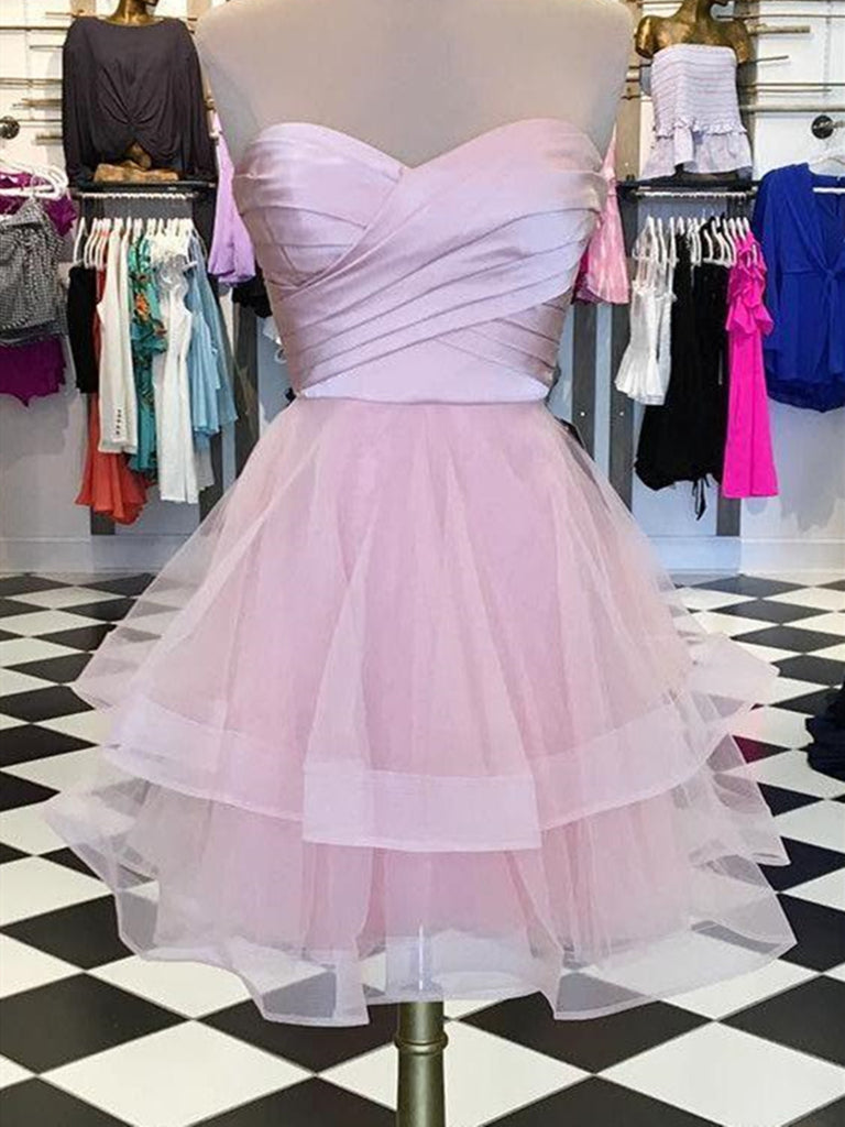 A line pink tulle sweetheart mini prom dress, short homecoming dress
