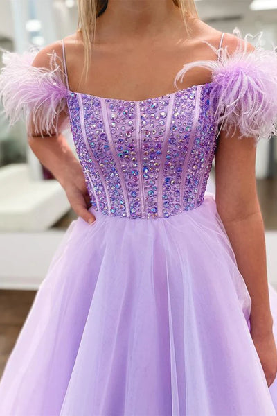 Off Shoulder Beaded Lilac Tulle Long Prom Dresses, Off the Shoulder Purple Formal Dresses, Purple Evening Dresses