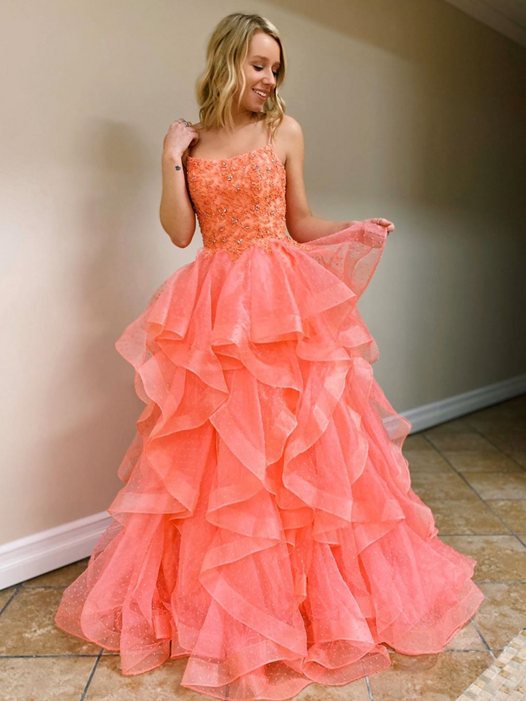 A Line Coral Backless Tulle Beaded Long prom Gowns, Coral Beaded Prom Dresses, Open Back Coral Formal Evening Dresses