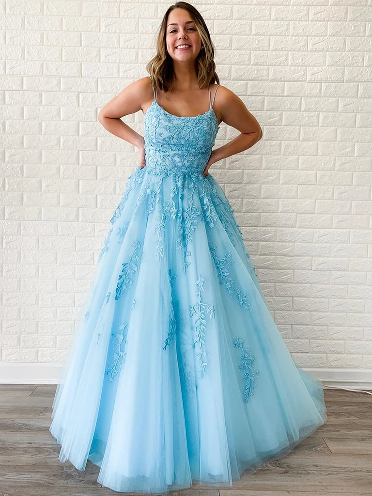 A Line Blue Backless Tulle Lace Long Prom Dresses, Open Back  Blue Lace Formal Evening Dresses