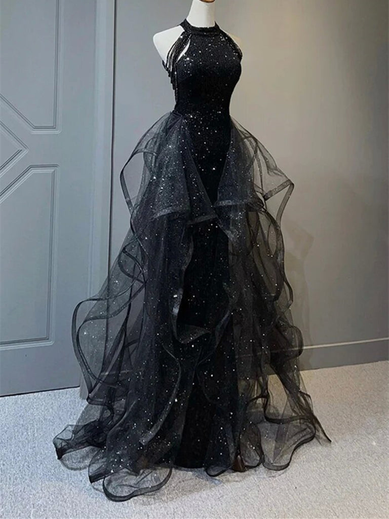 A Line Shiny Black Tulle Long Party Dress with Beaded, Black Formal Ev morievent A Line Shiny Black Tulle Long Party Dress with Beaded, Black Formal Ev morievent