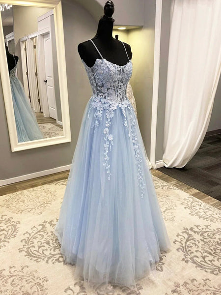 Blue Spaghetti Strap Tulle Lace Long Prom Dress , Lace Blue A-Line Formal  Evening Party Dress