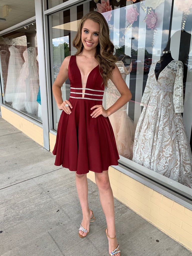 A Line V Neck Short Burgundy Homecoming Dresses, Short Burgundy Prom D morievent A Line V Neck Short Burgundy Homecoming Dresses, Short Burgundy Prom D morievent