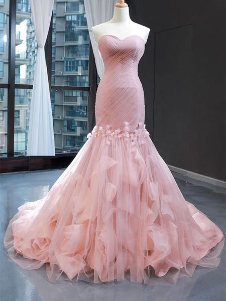 Pink Sweetheart Tulle Mermaid Long Prom Dresses, Pink Sweetheart Tulle Mermaid Long Formal Evening Dresses