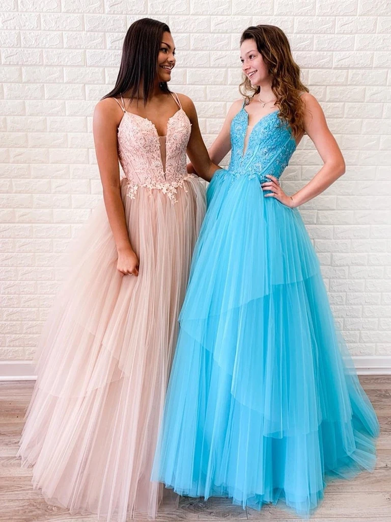 A Line V Neck Light Blue /Dusty Pink Backless Tulle Lace Long Prom Dre morievent A Line V Neck Light Blue /Dusty Pink Backless Tulle Lace Long Prom Dre morievent