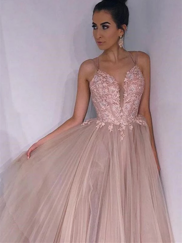 A Line Spaghetti Straps Backless Pink Lace Appliques Champagne Prom Dresses, Lace Champagne Formal Dresses, Champagne Evening Dresses