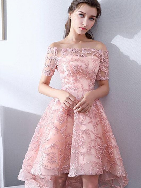 Pink High Low Prom Dress, Short Lace Evening Dress, Homecoming Dress