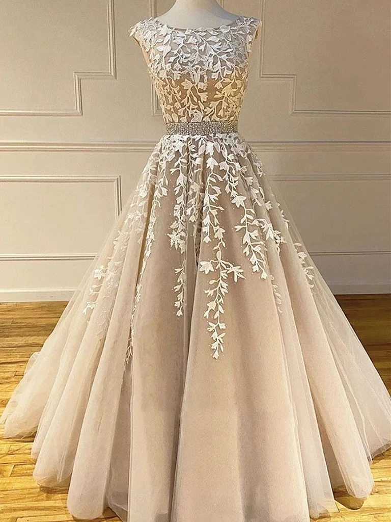 Round Neck  Champagne Tulle Lace Long Wedding Dresses, Champagne Lace Prom Formal Evening Dresses