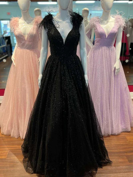 Shiny Tulle A Line V Neck Pink/Black/Purple Long Prom Dresses with High Slit, Long Pink/Black/Purple Formal Graduation Evening Dresses