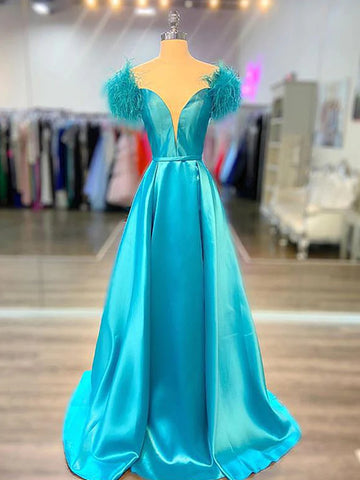 Off the Shoulder Blue V Neck Prom Dresses, Blue V Neck Long Formal Evening Dresses