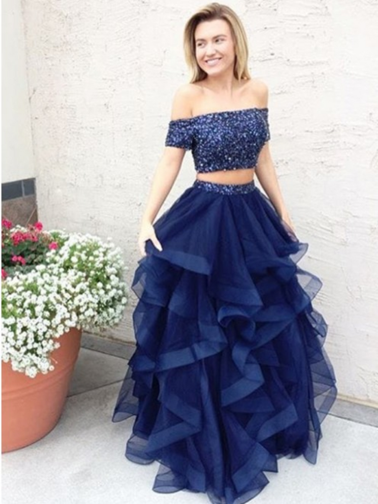 Two Piece Off The Shoulder Navy Blue Tulle Prom Dress with Beading, 2 Pieces Off Shoulder Formal Evening Dress